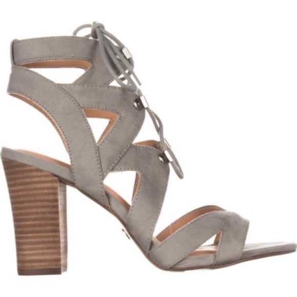 XOXO Barnie Open Toe Block Heel Cutout Lace Up Heeled Strap Sandals Gray Wood - Picture 3 of 4